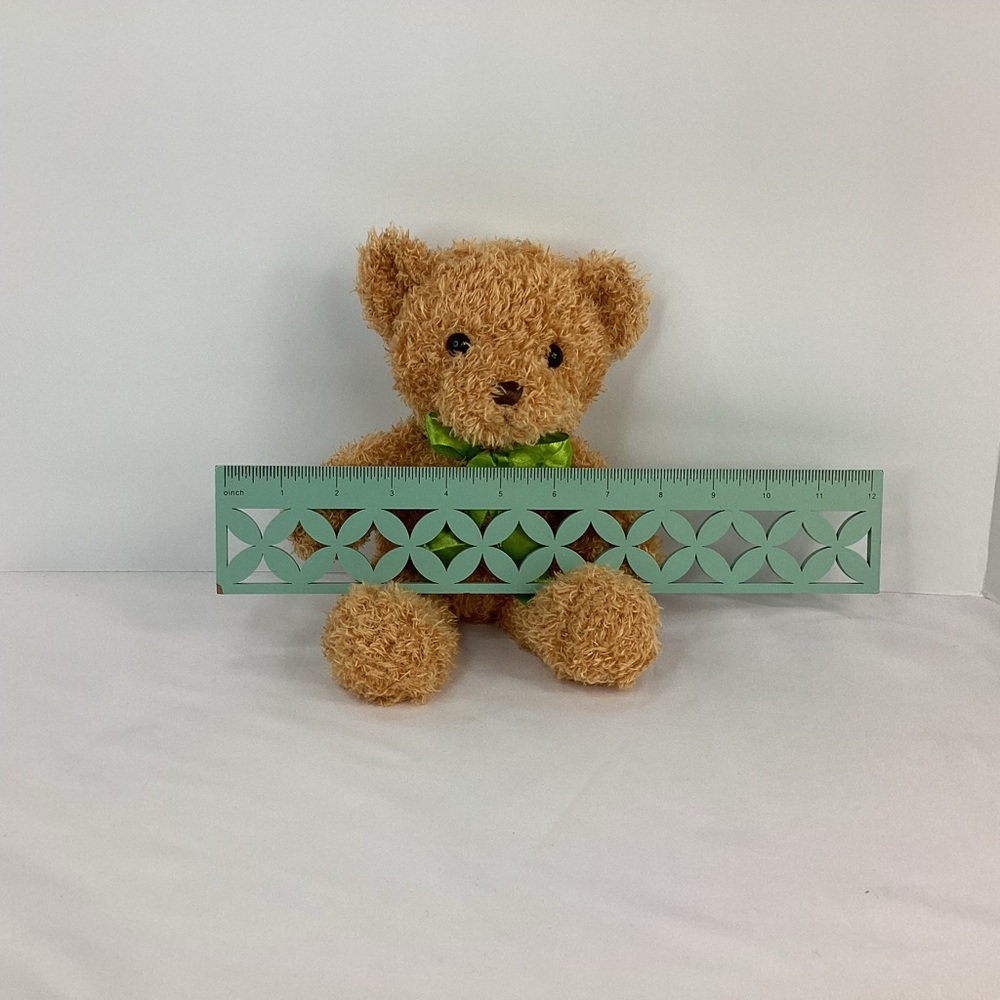 Teddy Bear Plush Tan Curly Textured Fur Green Ribbon 10” Stuffed Animal Toy - Picture 7 of 7